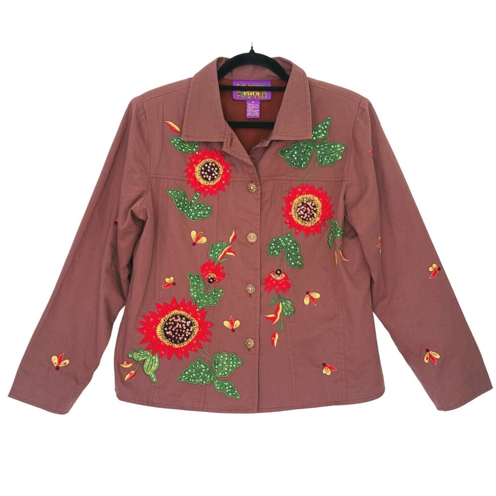 VTG Tapestry Patch Indie Embroidered Floral Sequin Jacket Small Brown Hippie